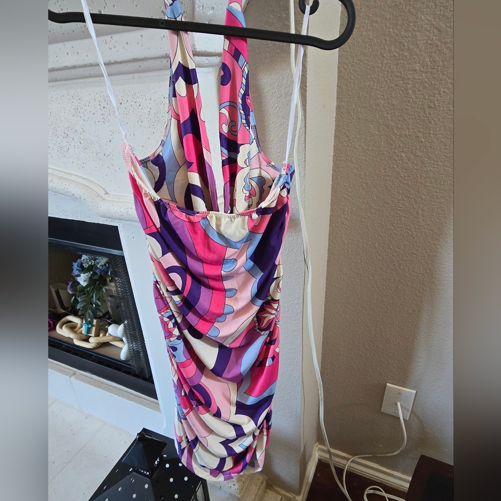 Forever Rose Couture Colorful Abstract Print Women's Mini Dress Open Back  XL